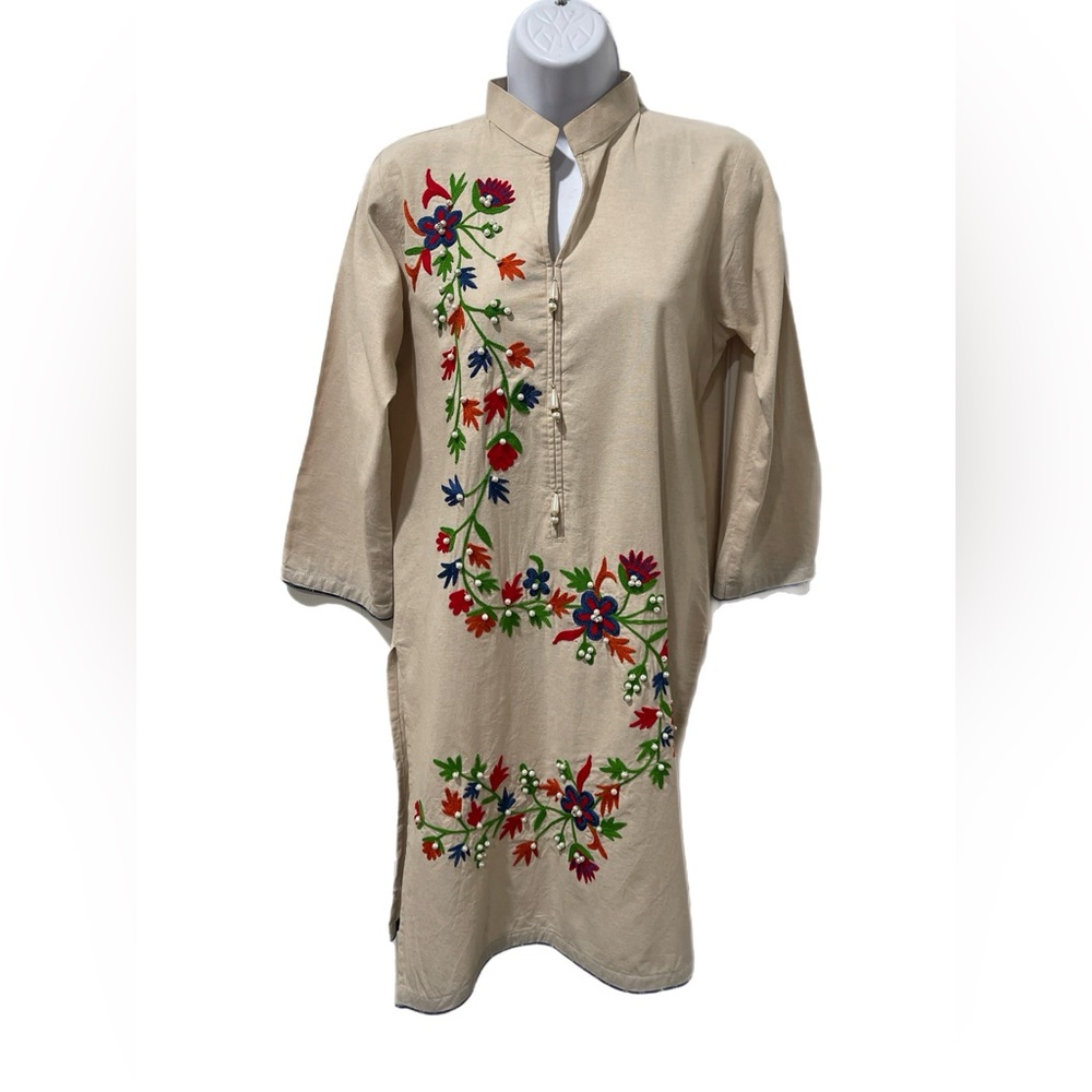 Pacific Linen crewel embroidery beaded Louis Vuitton edge trim slit side dress S